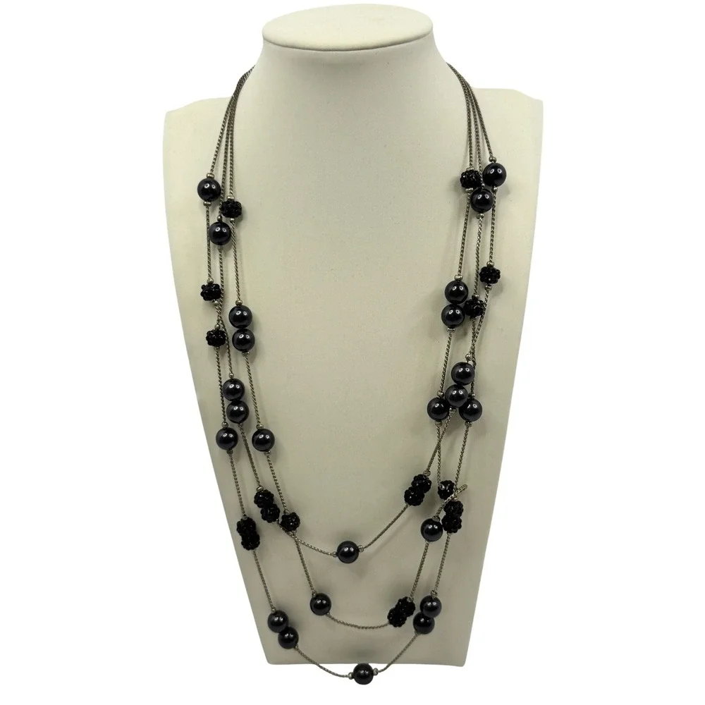 Roman Black‎ Faux Pearl Multi Strand Necklace Gunmetal Tone Beaded Whimsigoth